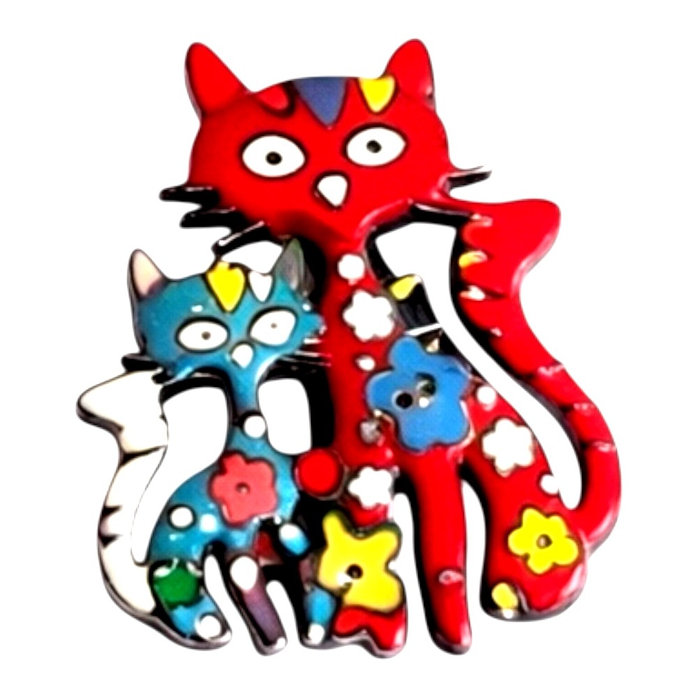 Red & Blue Enamel Metal Cat Brooch Pin Friends Hippie Flower Power Retro 1 1/2"
